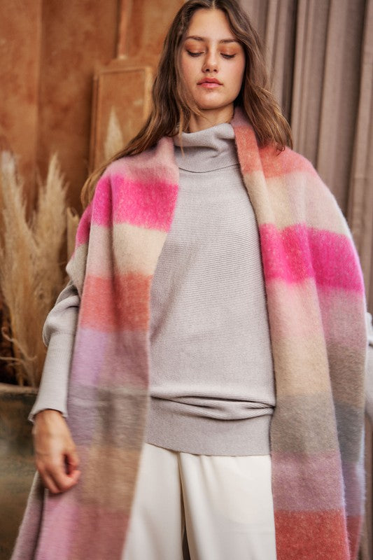 Fuzzy plaid multi color knitted long wrap scarf