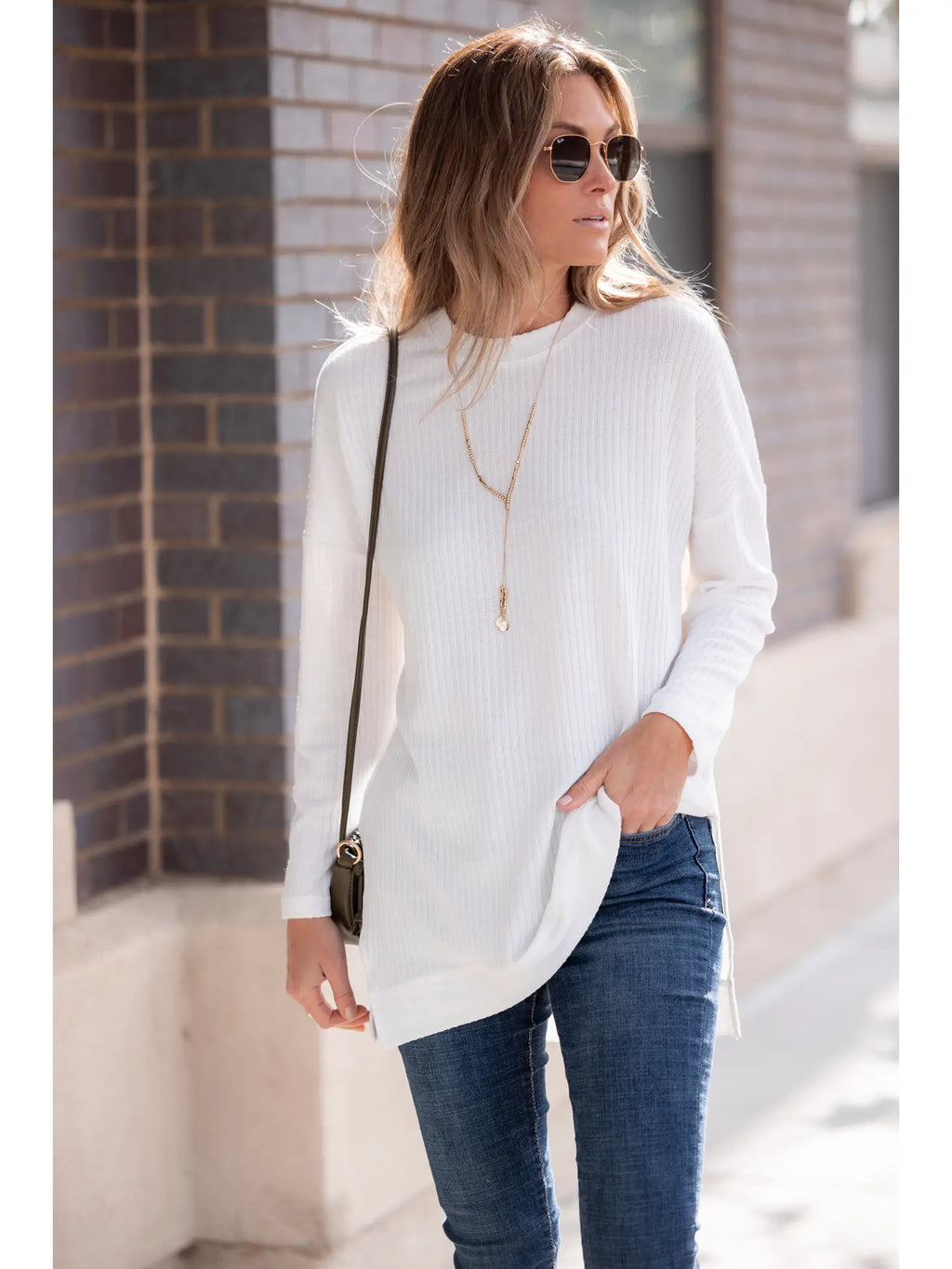 Ribbed Knit Long Sleeve Hi Low Side Slit Top | Black Button