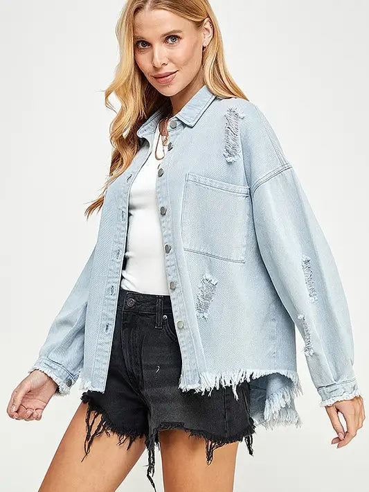 Long sleeve distressed blue jean jacket