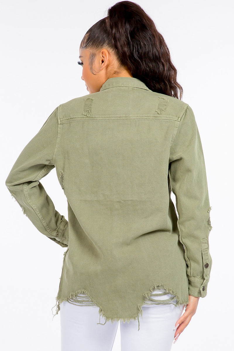 Olive Distressed Denim Shirt Jacket