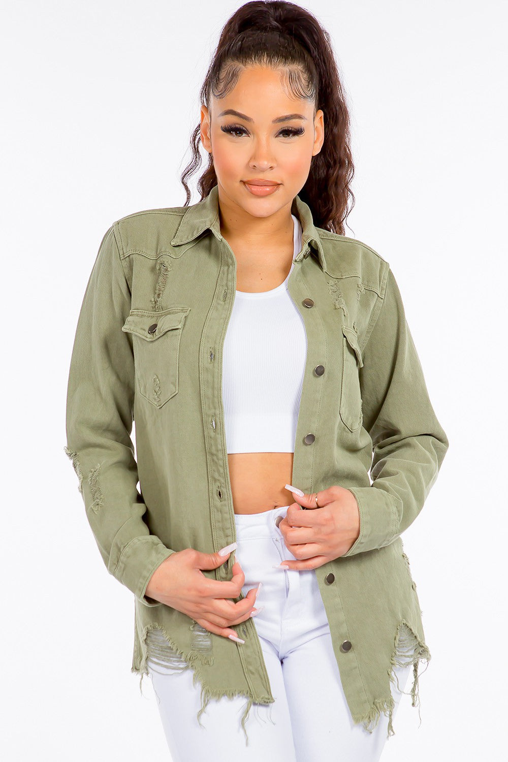 Olive Distressed Denim Shirt Jacket