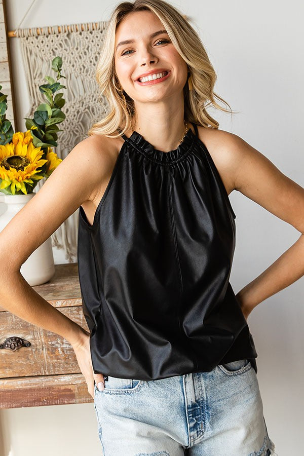 Ruffled Halter Faux Leather Top