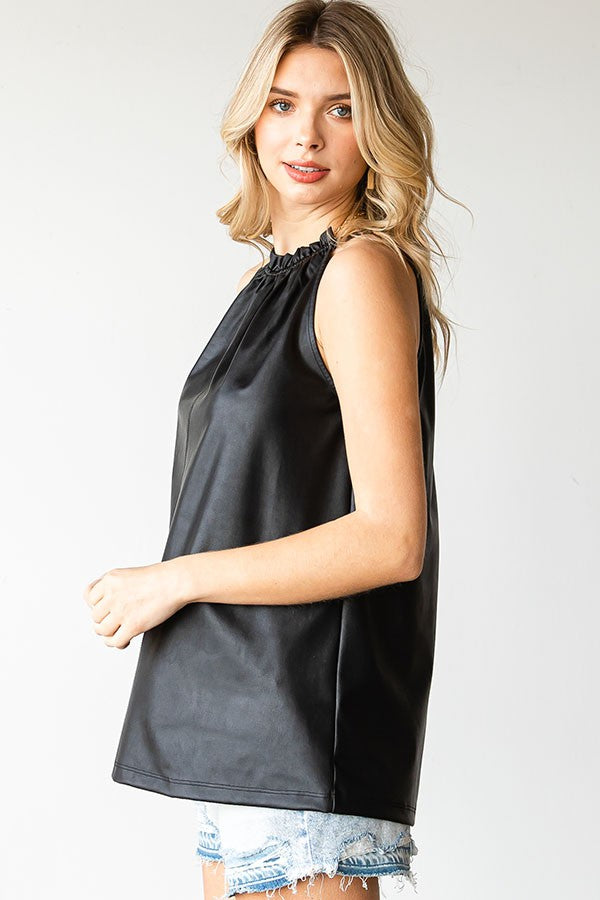 Ruffled Halter Faux Leather Top