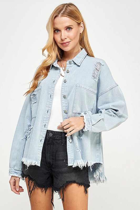 Long sleeve distressed blue jean jacket