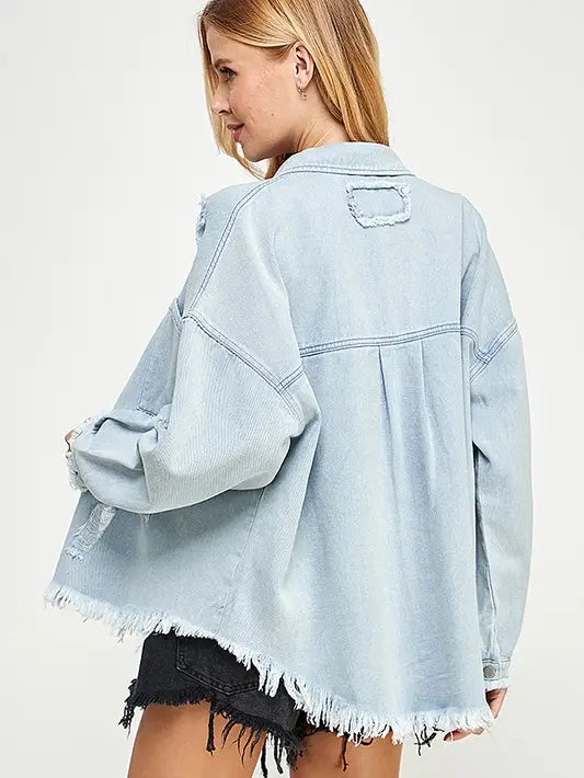 Long sleeve distressed blue jean jacket