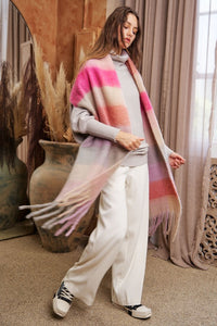 Fuzzy plaid multi color knitted long wrap scarf